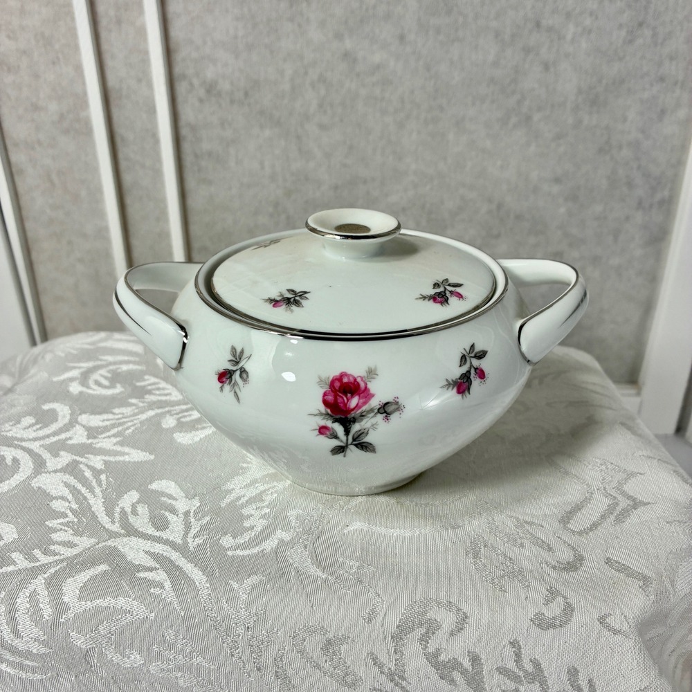 VTG Meito Japan Rosechintz Porcelain Lidded Sugar Bowl Pink Roses Silver Trim